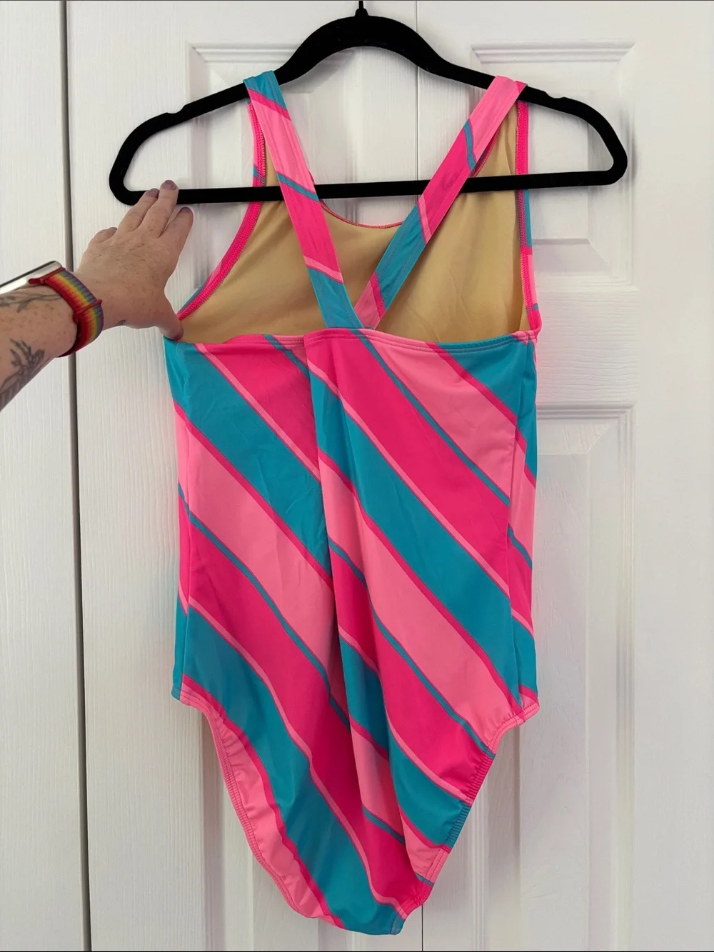 Lands' End Bright Pink & Teal Striped One-Piece Swim Suit, 14+-16+